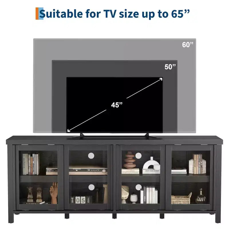 Meuble TV pour 65 pouces avec centre de divertissement - Meuble de rangement, 4 portes coulissantes en verre, console multimédia moderne du milieu du siècle, salon et chambre
