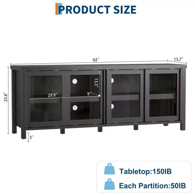 Meuble TV pour 65 pouces avec centre de divertissement - Meuble de rangement, 4 portes coulissantes en verre, console multimédia moderne du milieu du siècle, salon et chambre