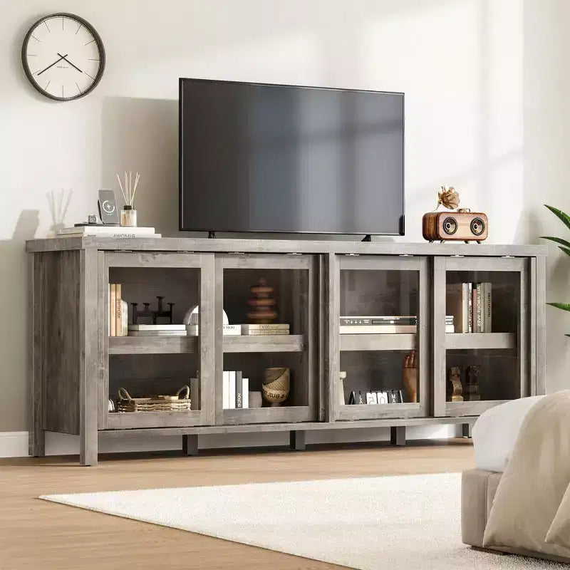 Meuble TV pour 65 pouces avec centre de divertissement - Meuble de rangement, 4 portes coulissantes en verre, console multimédia moderne du milieu du siècle, salon et chambre