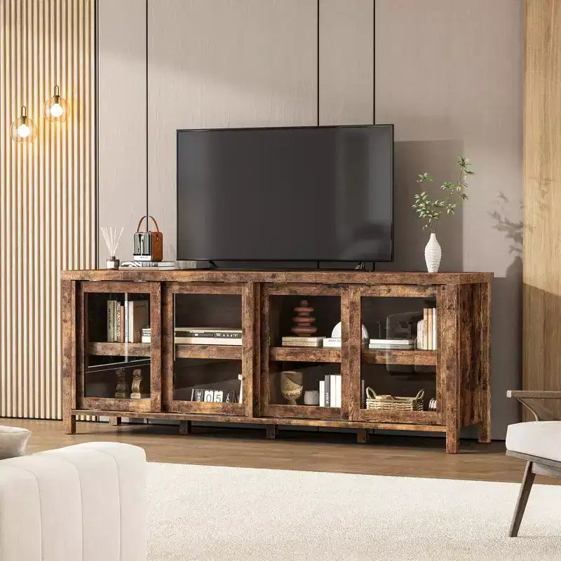 Meuble TV pour 65 pouces avec centre de divertissement - Meuble de rangement, 4 portes coulissantes en verre, console multimédia moderne du milieu du siècle, salon et chambre