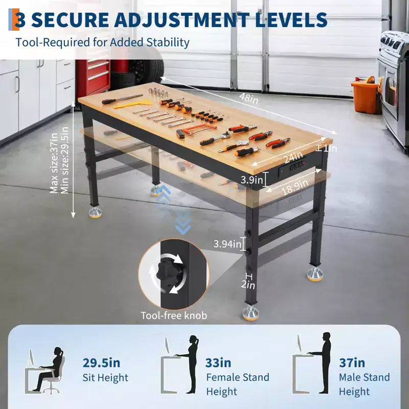 Établi réglable, Plateau robuste, pour Garage, Atelier, Atelier de réparation, Bureau à domicile