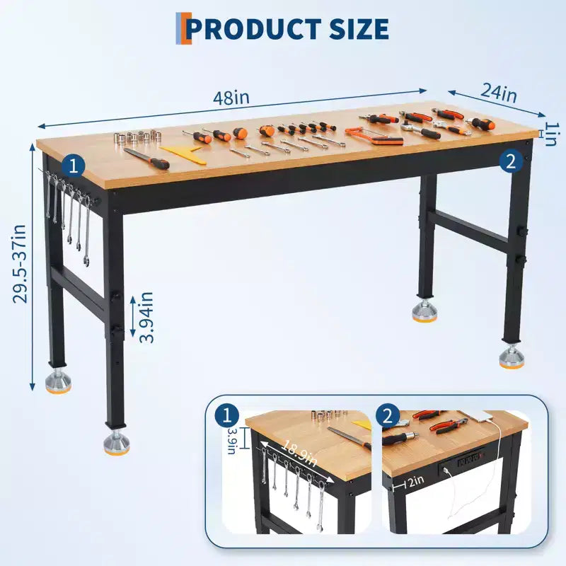 Établi réglable, Plateau robuste, pour Garage, Atelier, Atelier de réparation, Bureau à domicile