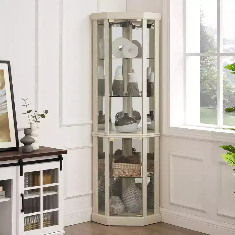 Vitrine d'angle éclairée avec étagères en verre réglables et dispositif anti-basculement pour collections d'antiquités