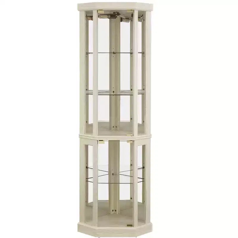 Vitrine d'angle éclairée avec étagères en verre réglables et dispositif anti-basculement pour collections d'antiquités