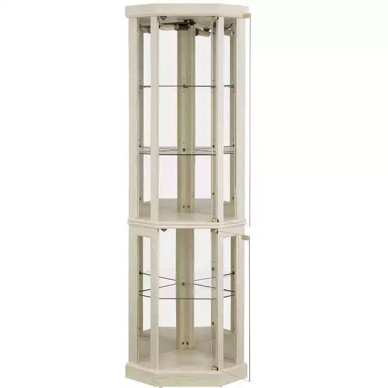Vitrine d'angle éclairée avec étagères en verre réglables et dispositif anti-basculement pour collections d'antiquités