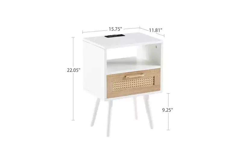 Table d'appoint en rotin de 40 cm avec prise de courant et ports USB, tiroir et pieds en bois massif pour salon et chambre à coucher, naturel