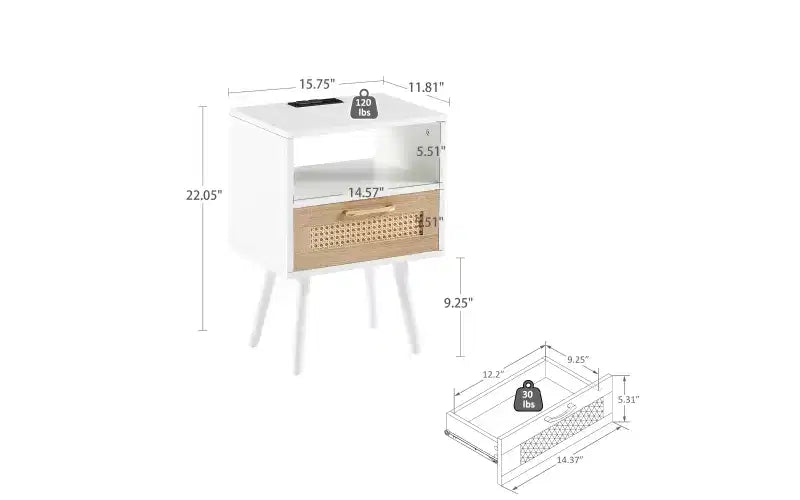 Table d'appoint en rotin de 40 cm avec prise de courant et ports USB, tiroir et pieds en bois massif pour salon et chambre à coucher, naturel