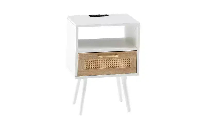 Table d'appoint en rotin de 40 cm avec prise de courant et ports USB, tiroir et pieds en bois massif pour salon et chambre à coucher, naturel