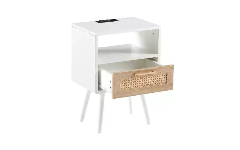 Table d'appoint en rotin de 40 cm avec prise de courant et ports USB, tiroir et pieds en bois massif pour salon et chambre à coucher, naturel