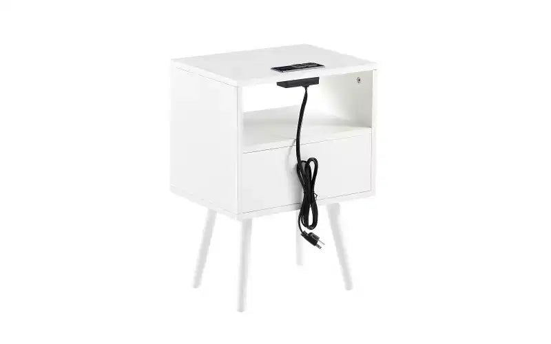Table d'appoint en rotin de 40 cm avec prise de courant et ports USB, tiroir et pieds en bois massif pour salon et chambre à coucher, naturel