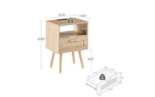 Table d'appoint en rotin de 40 cm avec prise de courant et ports USB, tiroir et pieds en bois massif pour salon et chambre à coucher, naturel