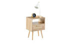 Table d'appoint en rotin de 40 cm avec prise de courant et ports USB, tiroir et pieds en bois massif pour salon et chambre à coucher, naturel