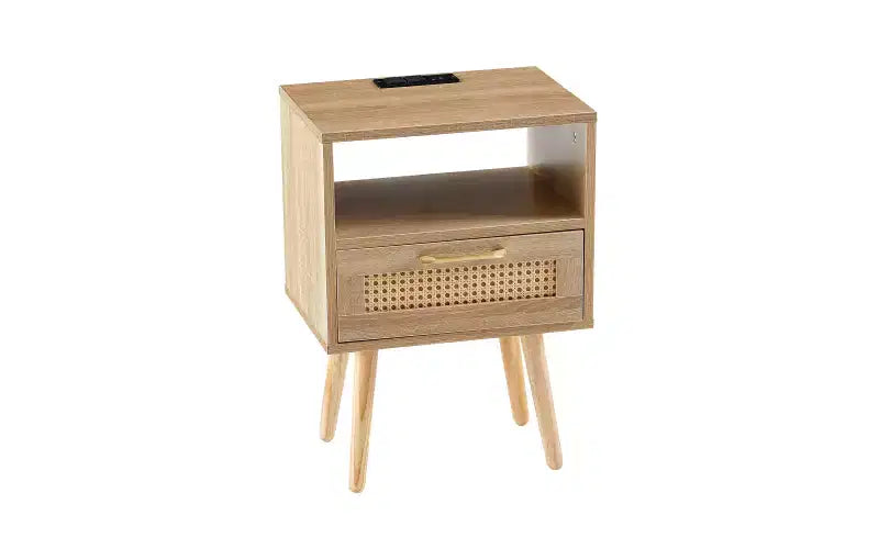 Table d'appoint en rotin de 40 cm avec prise de courant et ports USB, tiroir et pieds en bois massif pour salon et chambre à coucher, naturel