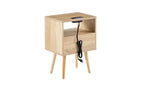Table d'appoint en rotin de 40 cm avec prise de courant et ports USB, tiroir et pieds en bois massif pour salon et chambre à coucher, naturel