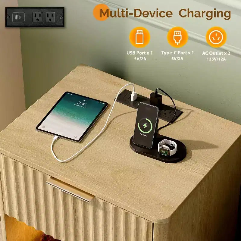 VINGLI Table de chevet avec station de charge, ensemble de 2 tables de chevet LED, Table de chevet moderne du milieu du siècle de 19 W pour chambre à coucher, Table de chevet cannelée