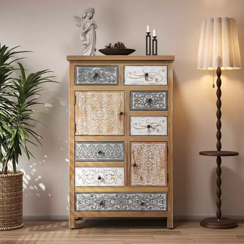 MAYEERTY Vintage Wooden Accent Chest with 6 Drawers 2 Cabinets Rustic Multicolor Carved Storage Dresser for Living Room