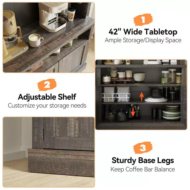 Meuble de bar à café de 72 po de hauteur de style campagnard, buffet de rangement pour garde-manger de cuisine avec étagères réglables, vaisselier