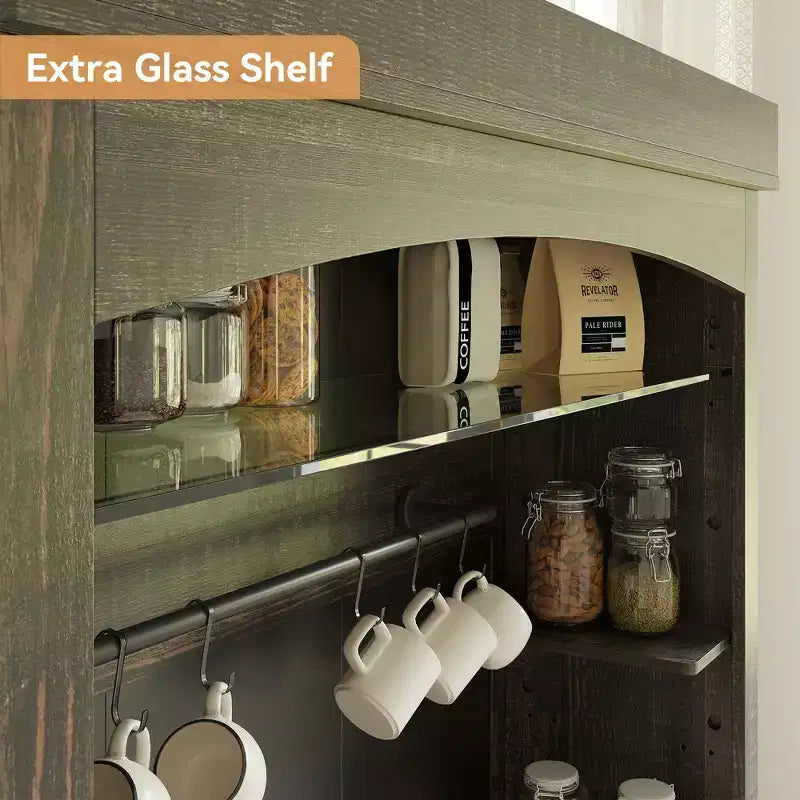 Meuble de bar à café de 72 po de hauteur de style campagnard, buffet de rangement pour garde-manger de cuisine avec étagères réglables, vaisselier