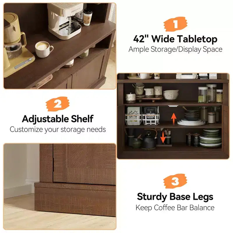 Meuble de bar à café de 72 po de hauteur de style campagnard, buffet de rangement pour garde-manger de cuisine avec étagères réglables, vaisselier