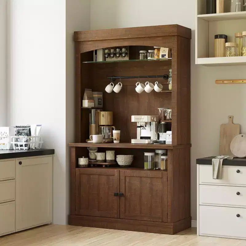Meuble de bar à café de 72 po de hauteur de style campagnard, buffet de rangement pour garde-manger de cuisine avec étagères réglables, vaisselier