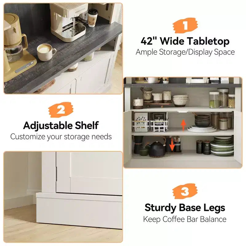 Meuble de bar à café de 72 po de hauteur de style campagnard, buffet de rangement pour garde-manger de cuisine avec étagères réglables, vaisselier