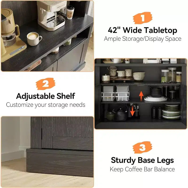 Meuble de bar à café de 72 po de hauteur de style campagnard, buffet de rangement pour garde-manger de cuisine avec étagères réglables, vaisselier