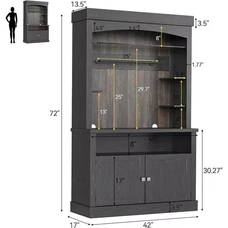 Meuble de bar à café de 72 po de hauteur de style campagnard, buffet de rangement pour garde-manger de cuisine avec étagères réglables, vaisselier
