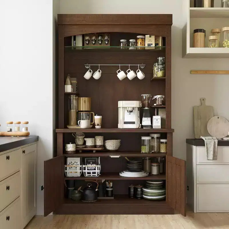 Meuble de bar à café de 72 po de hauteur de style campagnard, buffet de rangement pour garde-manger de cuisine avec étagères réglables, vaisselier