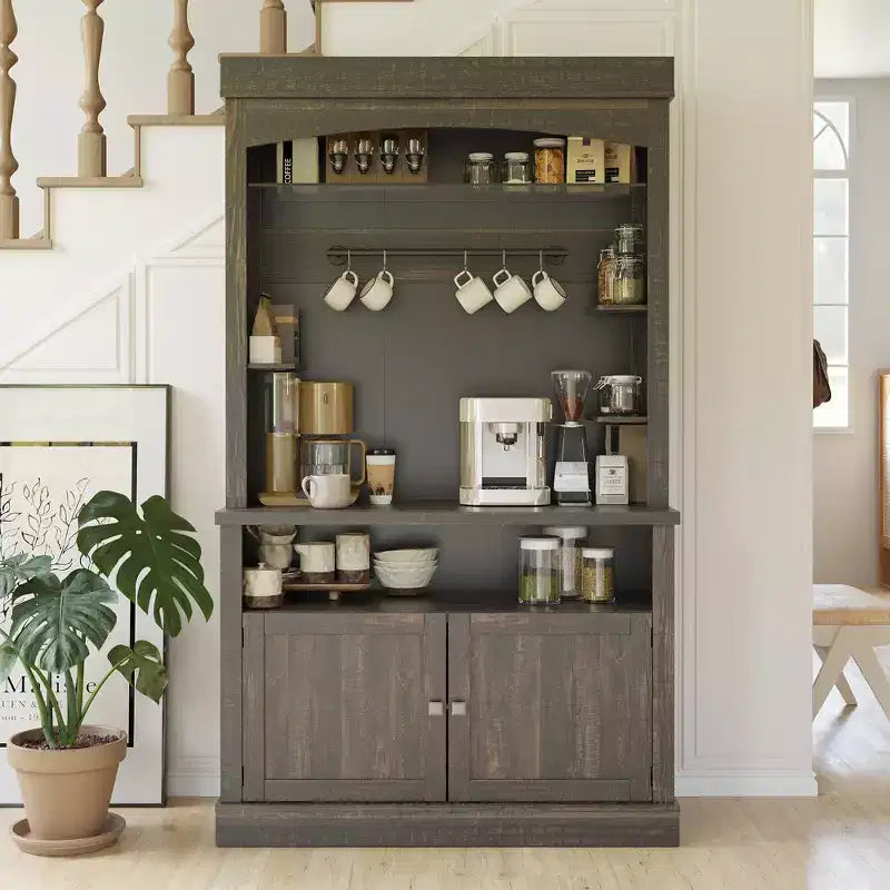 Meuble de bar à café de 72 po de hauteur de style campagnard, buffet de rangement pour garde-manger de cuisine avec étagères réglables, vaisselier