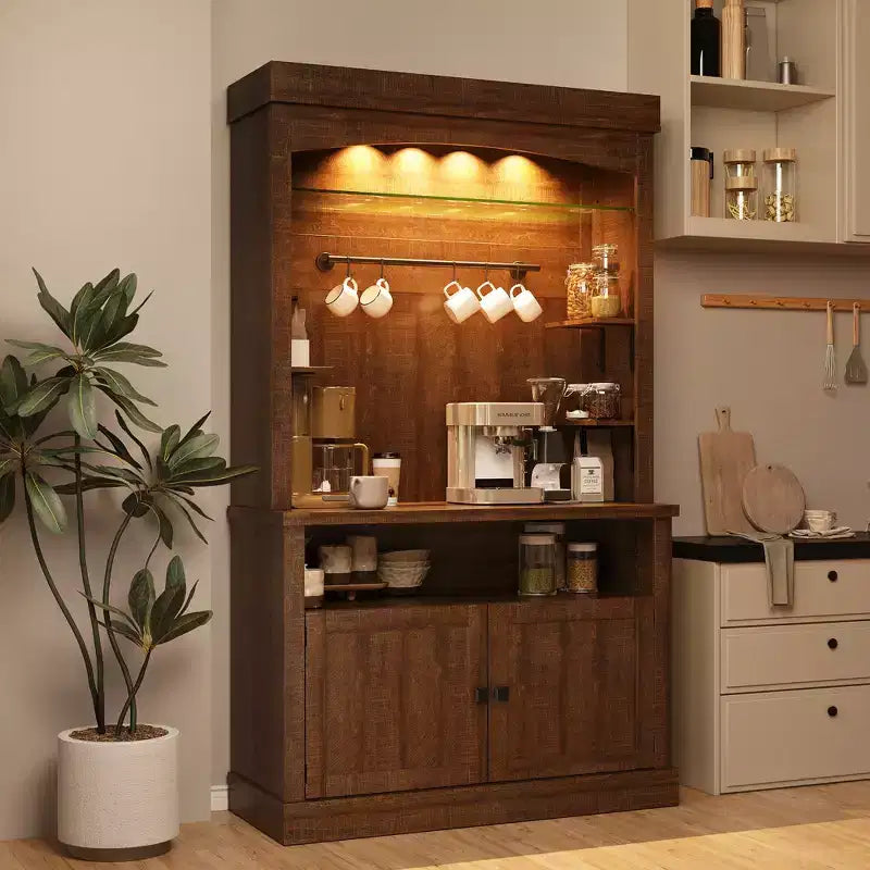 Meuble de bar à café de 72 po de hauteur de style campagnard, buffet de rangement pour garde-manger de cuisine avec étagères réglables, vaisselier
