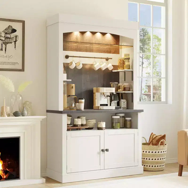 Meuble de bar à café de 72 po de hauteur de style campagnard, buffet de rangement pour garde-manger de cuisine avec étagères réglables, vaisselier