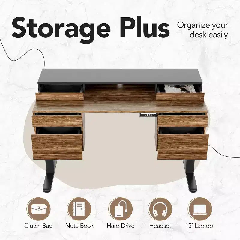 Bureau Debout Électrique Réglable en Hauteur 55 Pouces avec Rangement, Bureau Assis-Debout avec 6 Tiroirs, Poste de Travail Informatique pour Bureau à Domicile avec Support Moniteur