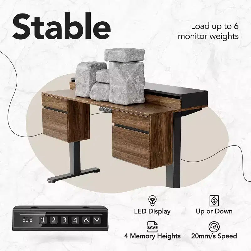 Bureau Debout Électrique Réglable en Hauteur 55 Pouces avec Rangement, Bureau Assis-Debout avec 6 Tiroirs, Poste de Travail Informatique pour Bureau à Domicile avec Support Moniteur