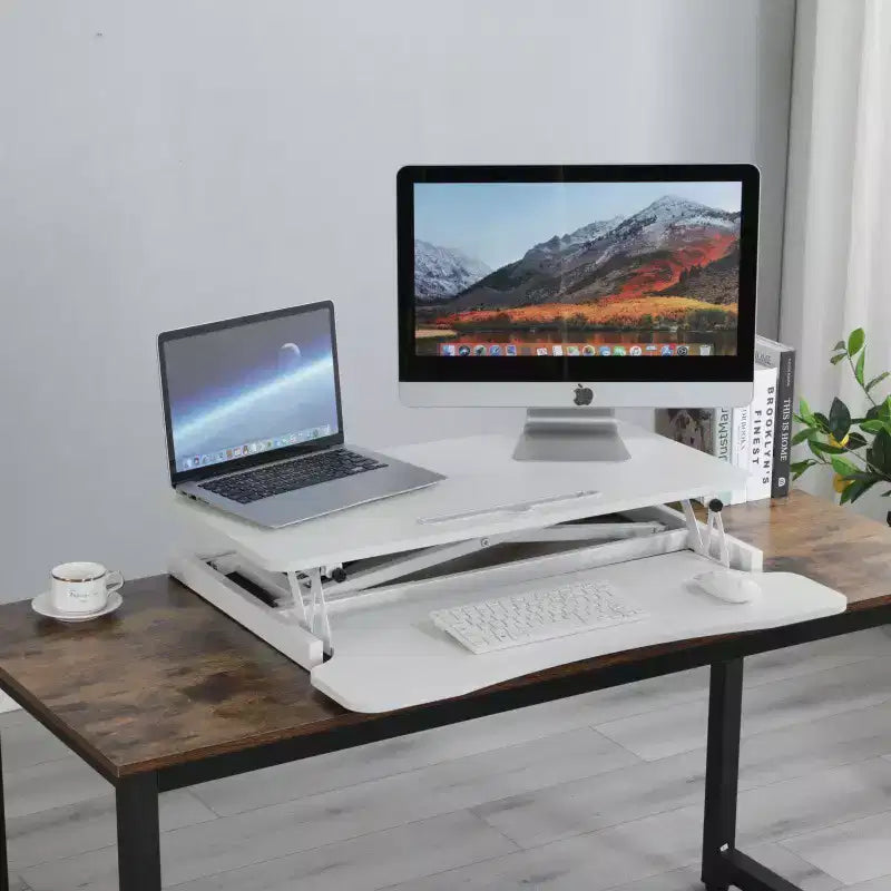 JVNOXK Convertisseur de bureau 32 pouces à hauteur réglable, bureau assis-debout, poste de travail informatique double moniteur, bureau debout avec large support de clavier