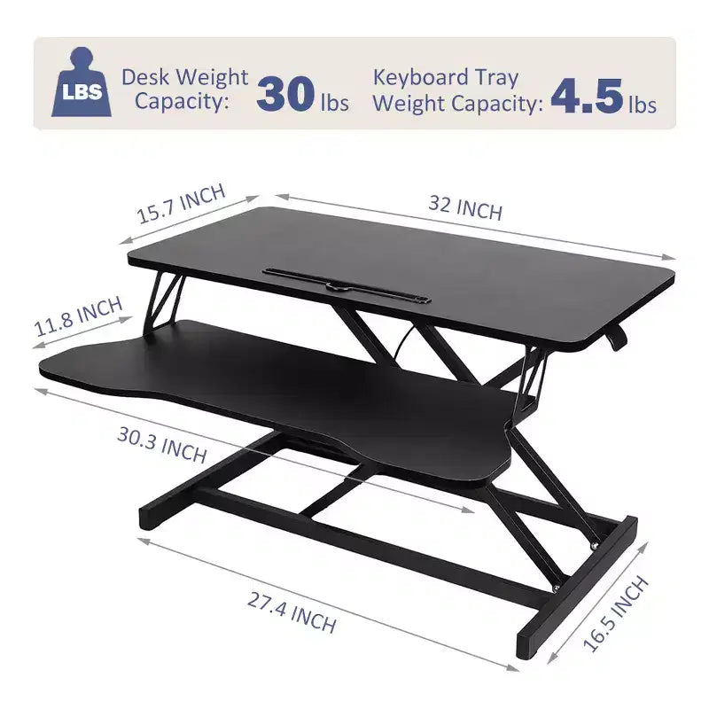JVNOXK Convertisseur de bureau 32 pouces à hauteur réglable, bureau assis-debout, poste de travail informatique double moniteur, bureau debout avec large support de clavier