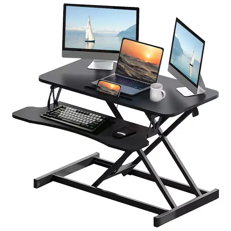 JVNOXK Convertisseur de bureau 32 pouces à hauteur réglable, bureau assis-debout, poste de travail informatique double moniteur, bureau debout avec large support de clavier