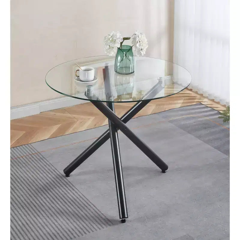 Round Dining Table with Black Metal Leg and Tempered Glass Top, Modern Space-Saving Design for Kitchen or Living Room