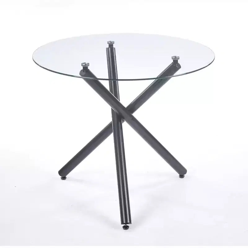 Table à manger ronde avec pied en métal noir et plateau en verre trempé, design moderne peu encombrant pour cuisine ou salon