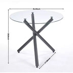 Table à manger ronde avec pied en métal noir et plateau en verre trempé, design moderne peu encombrant pour cuisine ou salon