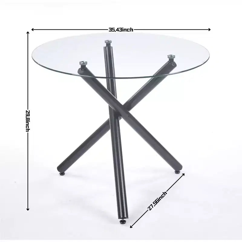Table à manger ronde avec pied en métal noir et plateau en verre trempé, design moderne peu encombrant pour cuisine ou salon