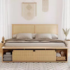Wicker bed frame with sliding barn door storage, bohemian farmhouse style, solid wood legs, no spring mattress required.