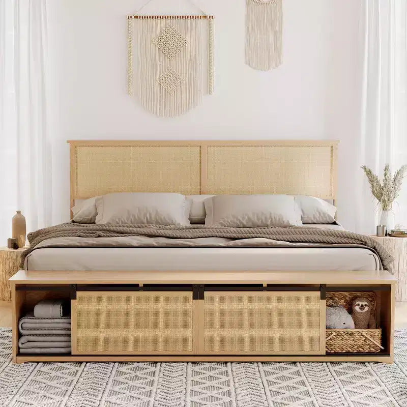 Wicker bed frame with sliding barn door storage, bohemian farmhouse style, solid wood legs, no spring mattress required.