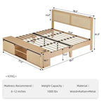 Cadre de lit en osier avec rangement à porte coulissante de style grange, style ferme bohème, pieds en bois massif, pas besoin de matelas à ressorts.