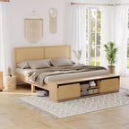 Cadre de lit en osier avec rangement à porte coulissante de style grange, style ferme bohème, pieds en bois massif, pas besoin de matelas à ressorts.
