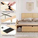 Cadre de lit en osier avec rangement à porte coulissante de style grange, style ferme bohème, pieds en bois massif, pas besoin de matelas à ressorts.