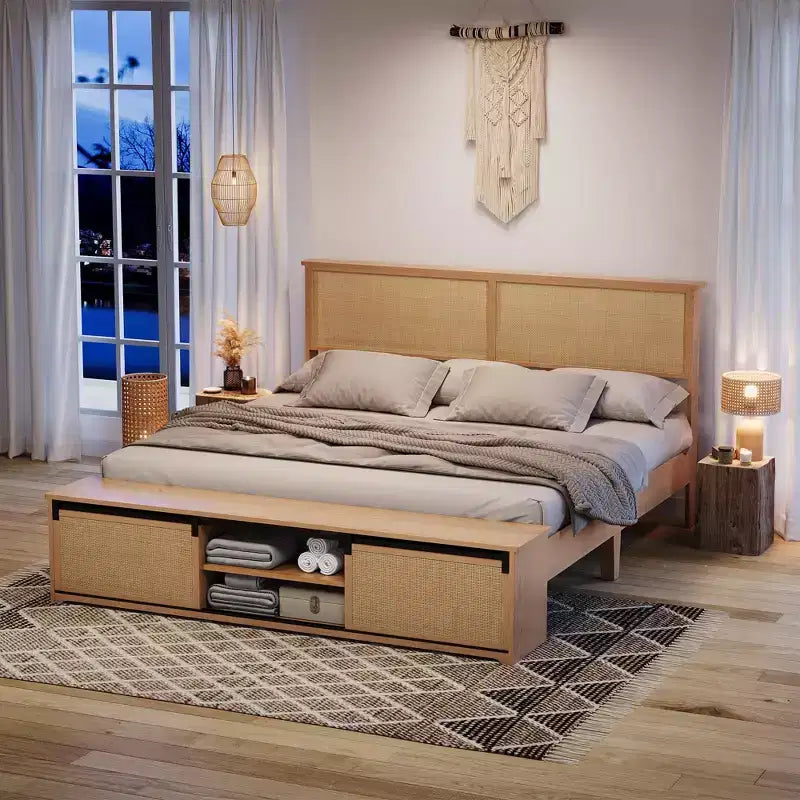 Cadre de lit en osier avec rangement à porte coulissante de style grange, style ferme bohème, pieds en bois massif, pas besoin de matelas à ressorts.