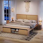 Cadre de lit en osier avec rangement à porte coulissante de style grange, style ferme bohème, pieds en bois massif, pas besoin de matelas à ressorts.
