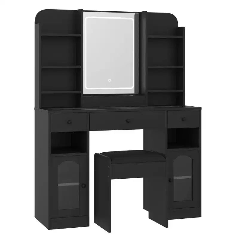 Whisen 43.2 Coiffeuse, Coiffeuse avec Plateau en Verre et Miroir, 3 Tiroirs, Étagères de Rangement et Tabouret