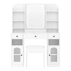 Whisen 43.2 Coiffeuse, Coiffeuse avec Plateau en Verre et Miroir, 3 Tiroirs, Étagères de Rangement et Tabouret
