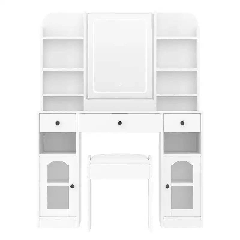Whisen 43.2 Coiffeuse, Coiffeuse avec Plateau en Verre et Miroir, 3 Tiroirs, Étagères de Rangement et Tabouret